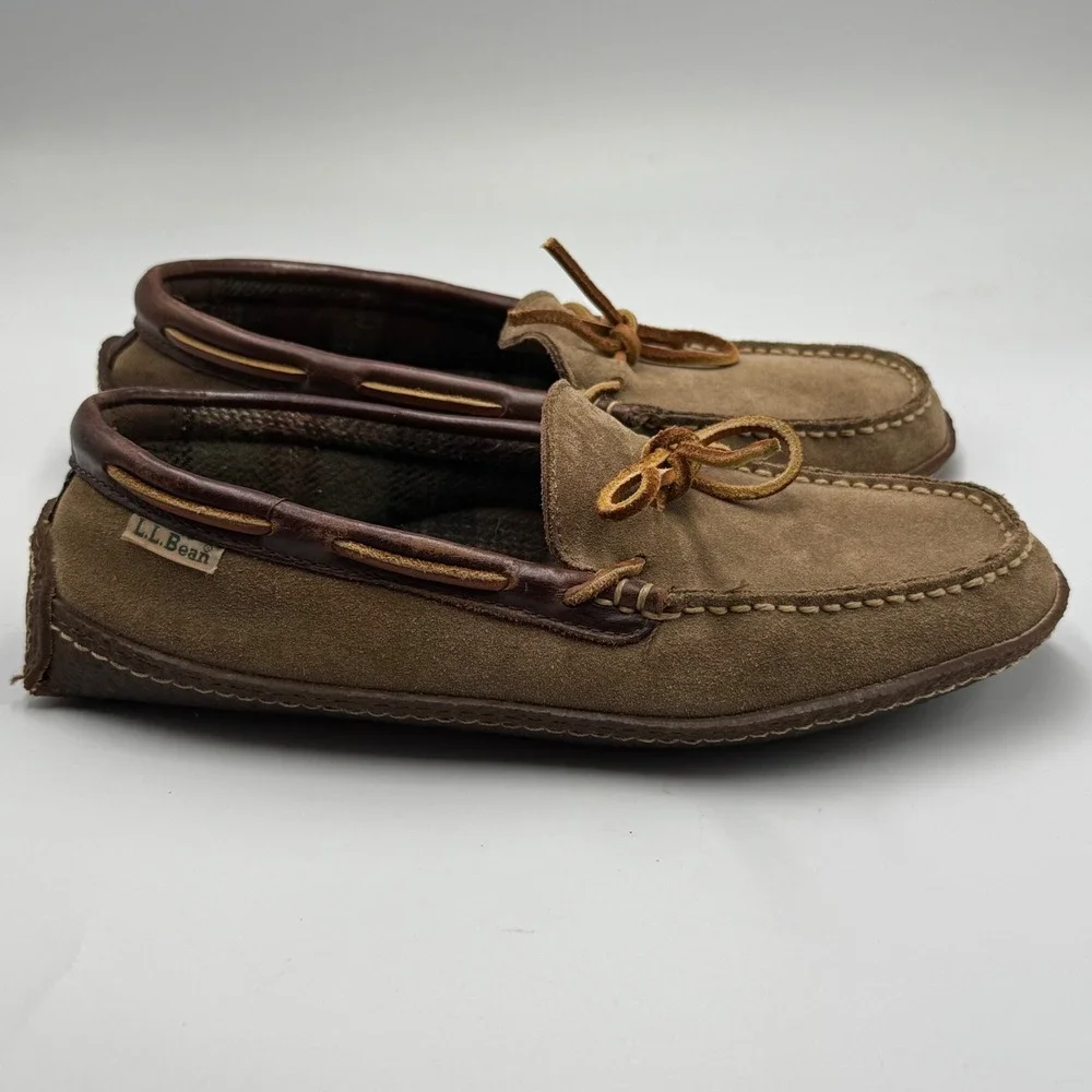 LL Bean Suede Leather Moccasin Handsewn‎ Slippers Flannel Lined Brown Mens 7